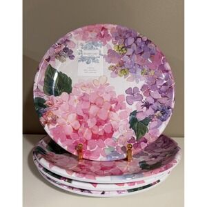 Set 4 Shabby Chic Salad Plates Pink Purple Hydrangea MELAMINE Floral Summer NEW